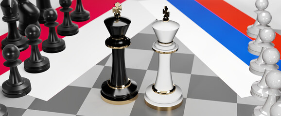 Poland and Russia - talks, debate, dialog or a confrontation between those two countries shown as two chess kings with flags that symbolize art of meetings and negotiations, 3d illustration