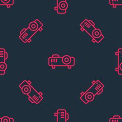 Red line Presentation, movie, film, media projector icon isolated seamless pattern on black background. Vector