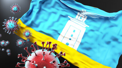 Alexandria and covid pandemic - virus attacking a city flag of Alexandria as a symbol of a fight and struggle with the virus pandemic in this city, 3d illustration