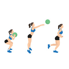 Woman doing Medicine ball throw to chase exercise. Flat vector illustration isolated on white background. workout character set