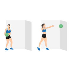 Fototapeta na wymiar Woman doing Side lateral medicine ball throw. Slam exercise. Flat vector illustration isolated on white background. workout character set