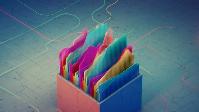 Colorful visualization of soundwave. Digital data processing concept. Seamless loop 3D render animation