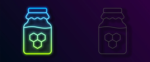 Glowing neon line Jar of honey icon isolated on black background. Food bank. Sweet natural food symbol. Vector