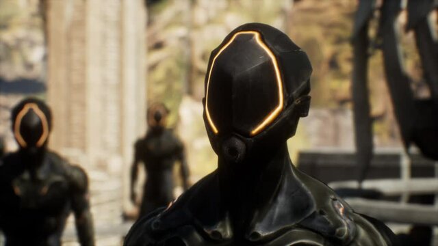 CGI scene, group of alien black warriors men standing looking up.