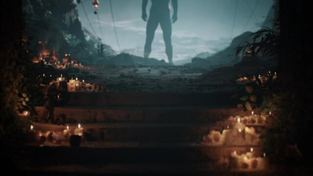 CGI scene of a mysterious alien warrior standing in a beautiful ancient temple with candles and old golden urns and giant face statue.