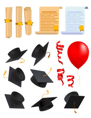 Vector illustration of graduation. Caps graduate, diploma, red tape, balloons. Icons for a web page.