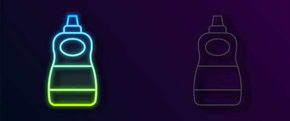 Glowing neon line Dishwashing liquid bottle icon isolated on black background. Liquid detergent for washing dishes. Vector