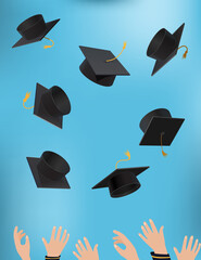 Vector illustration of a prom, graduate caps thrown into the sky. Hands of people.