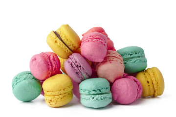 Pile of colorful macaroons isolated on white background