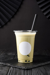 Taiwan milk tea with bubble on wood background