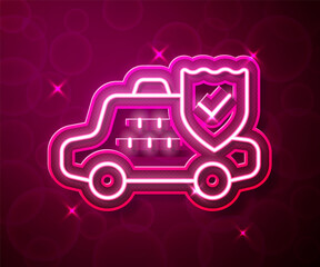 Glowing neon line Taxi car insurance icon isolated on red background. Vector