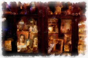 Inside an antique shop watercolor style illustration impressionist painting.