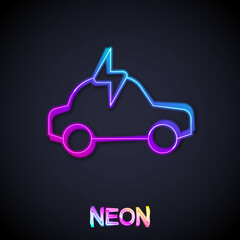 Glowing neon line Electric car and electrical cable plug charging icon isolated on black background. Renewable eco technologies. Vector