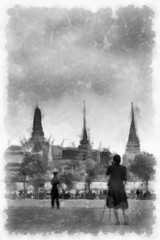 Fototapeta na wymiar The landscape of the Grand Palace in Bangkok watercolor style illustration impressionist painting.