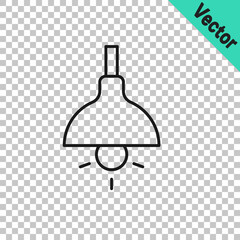 Black line Lamp hanging icon isolated on transparent background. Ceiling lamp light bulb. Vector