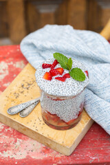 Chia pudding with fresh strawberries for breakfast