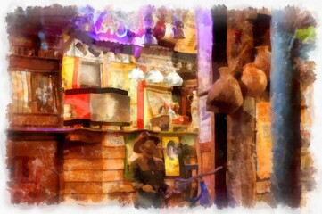 Inside an antique shop watercolor style illustration impressionist painting.