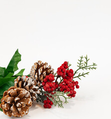 Christmas decoration isolated on white. Fir cones and red berries composition, Merry Christmas and Happy New Year