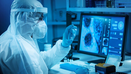Scientist works in a modern scientific lab using laboratory equipment, microscope and computer...