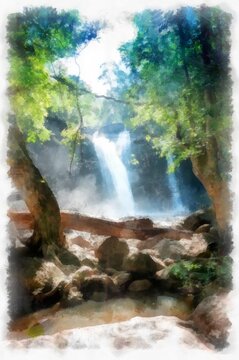 waterfall landscape in the forest watercolor style illustration impressionist painting.