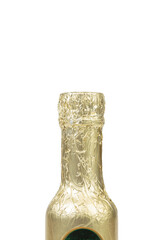 The neck of a sealed bottle wrapped in foil.