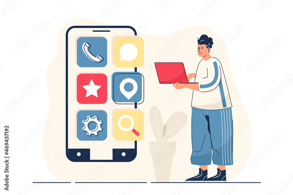 Aufkleber App development concept for web banner. Man creates interface layout of mobile apps and places graphic elements, modern person scene. Vector illustration in flat cartoon design with people characters