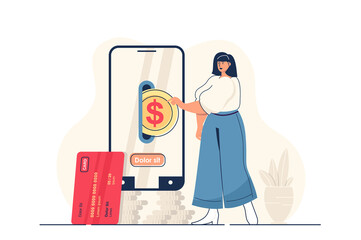 Mobile banking concept for web banner. Woman pays for purchases in mobile application, accounting and transaction modern person scene. Vector illustration in flat cartoon design with people characters