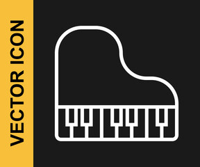 White line Grand piano icon isolated on black background. Musical instrument. Vector