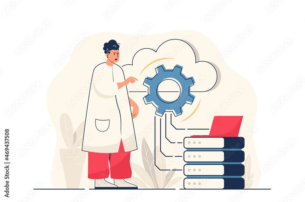 Aufkleber Cloud computing concept for web banner. Man processes information using cloud technology, data storage and backup modern person scene. Vector illustration in flat cartoon design with people characters