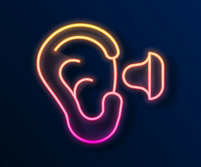 Glowing neon line Earplugs and ear icon isolated on black background. Ear plug sign. Noise symbol. Sleeping quality concept. Vector