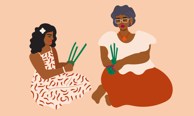 Illustration of grandmother and granddaughter weaving