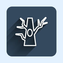 White line Bare tree icon isolated with long shadow background. Blue square button. Vector