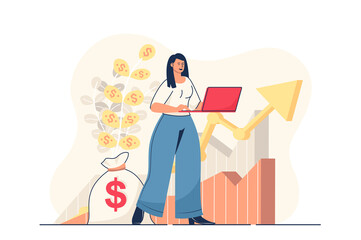 Business growth concept for web banner. Businesswoman analyzes business data and financial statistics, leadership modern person scene. Vector illustration in flat cartoon design with people characters