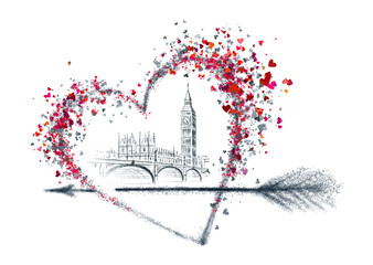 I love London. London drawing black and white. Silhouette of London on white background. Postcard, poster with the sights of London. Card for the city day. Drawing for the magnet. Heart with arrow