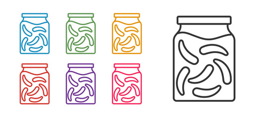 Set line Pickled cucumbers in a jar icon isolated on white background. Set icons colorful. Vector