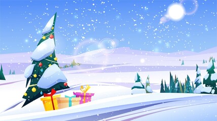 Mountain winter landscape with snowy trees. Christmas background. Vector cartoon illustration