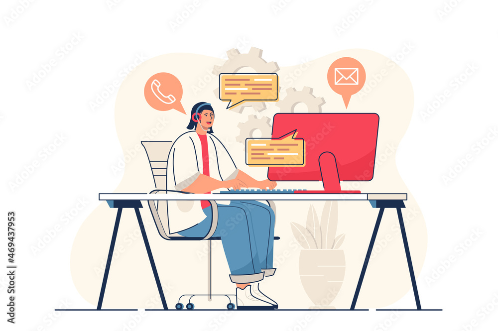 Poster customer service concept for web banner. call center operator in headphones talks with client, hotli