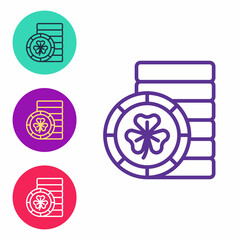 Set line Golden leprechaun coin with clover trefoil leaf icon isolated on white background. Happy Saint Patricks day. National Irish holiday. Set icons colorful. Vector