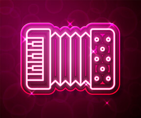 Glowing neon line Musical instrument accordion icon isolated on red background. Classical bayan, harmonic. Vector