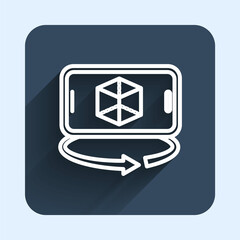 White line 3d modeling icon isolated with long shadow background. Augmented reality or virtual reality. Blue square button. Vector