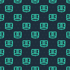Green line 3d modeling icon isolated seamless pattern on blue background. Augmented reality or virtual reality. Vector
