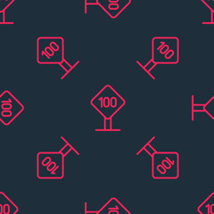 Red line Speed limit traffic sign 100 km icon isolated seamless pattern on black background. Vector
