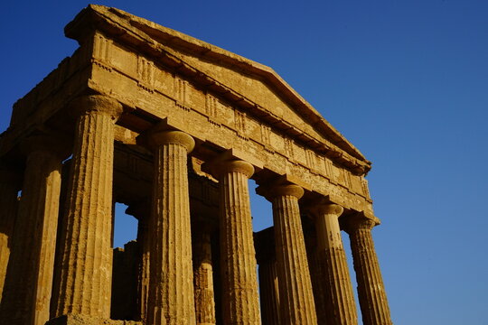 Ancient greek temple ruins in Valle dei Templi Archeological Park, Agrigento, Sicily, Italy