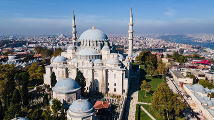 Naklejka premium Aerial view of Suleymaniye Mosque with four minaret in Istanbul,Turkey