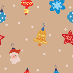 Christmas seamless pattern vintage balls, toys. Vector illustration for wrapping papers, decoration flat cartoon style