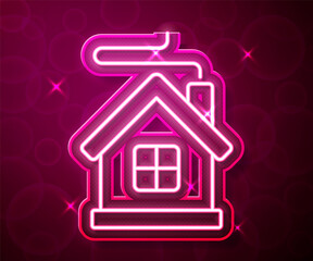 Glowing neon line Merry Christmas house icon isolated on red background. Home symbol. Vector