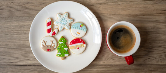 Merry Christmas with homemade cookies and coffee cup on wood table background. Xmas eve, party, holiday and happy New Year concept