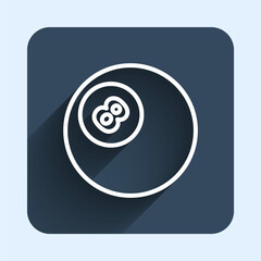 White line Billiard pool snooker ball with number 8 icon isolated with long shadow background. Blue square button. Vector