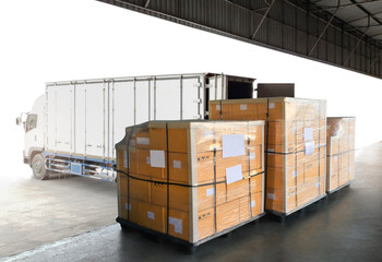 Package Boxes Wrapped Plastic Film on Pallets Loading with Shipping Cargo Container. Supply Chain. Truck Parked Loading at Dock Warehouse. Delivery Logistics. Cargo Freight Truck Transportation.
