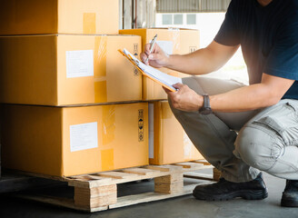 Close up, Worker Holding Clipboard his Doing Inventory Management the Products. Supply Chain Cargo...